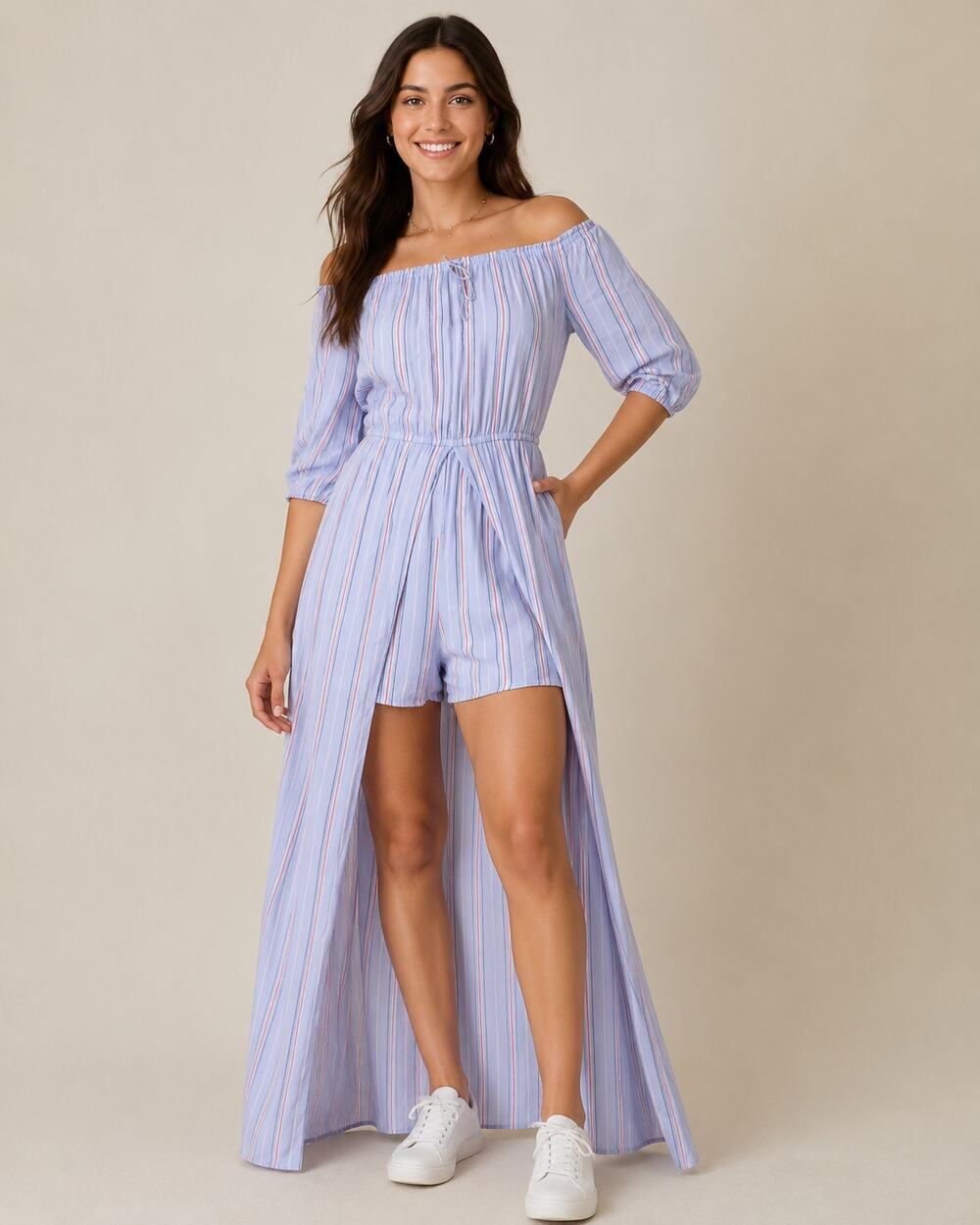 Fire Los Angeles  Stripped Maxi Romper with Cape - S
